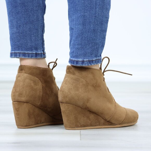 Tan Faux Suede Round Toe Wedge Heel Lace Up Ankle Boots - Picture 7 of 12